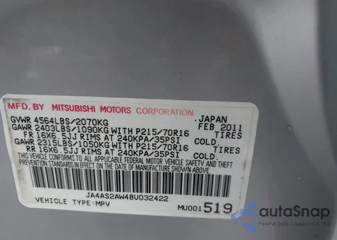 2011 Mitsubishi Outlander Es z USA, uszkodzony, nr VIN JA4AS2AW4BU032422
